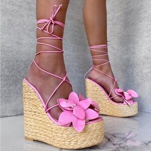 Pink flower wedge heel